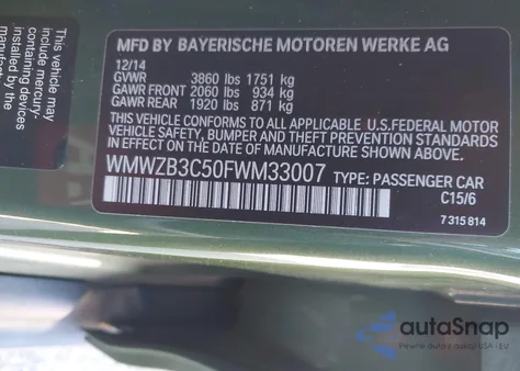 2015 Mini Countryman Cooper z USA, uszkodzony, nr VIN WMWZB3C50FWM33007